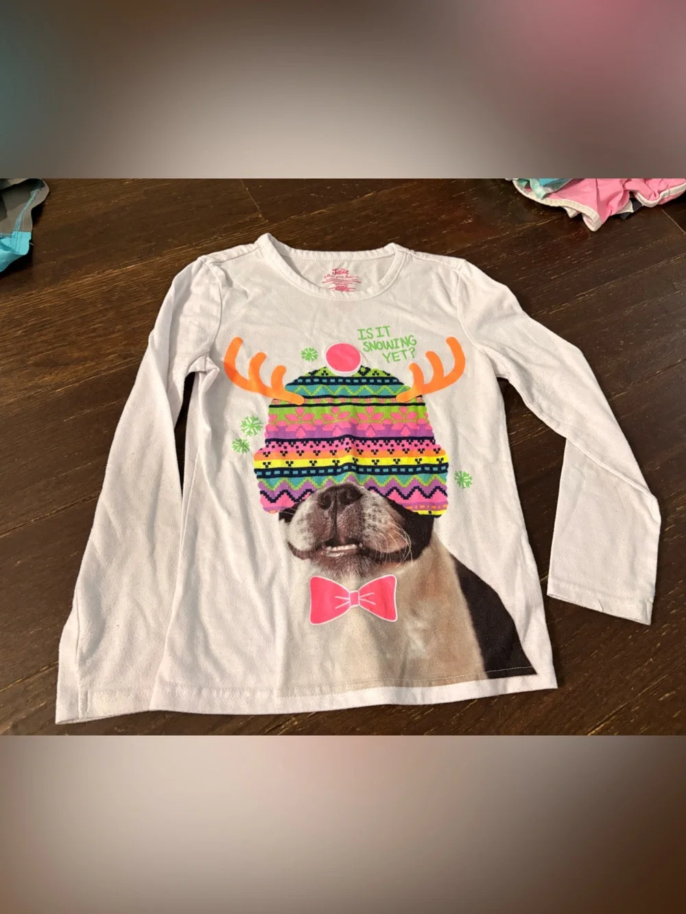 Justice White Long-Sleeve Tee with Colorful Reindeer Dog Graphic